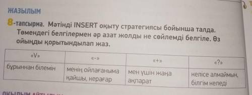 Мәтінді insert оқыту стратегиясы бойынша талда. Төмендегі белгілермен әр азат жолды не сөйлемді белг