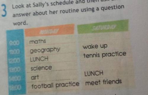 Look at Sally's schedule and then askn and answer about her routine using a question word ​