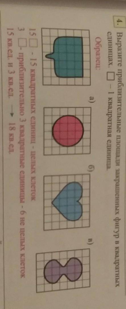 Выразите приблизельные площади закрашенных фигур в квадратных3 единицах. □(клетка) - 1 квадратная ед