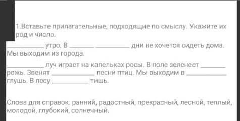 Вставьте прилагательные подходящие по смыслу укажите их род и число​