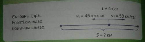 T = 4 car Vi = 46 KM/carV2 - 58 km/carСызбаны қараЕсепті амалдарбойынша шығар.S = ? км​