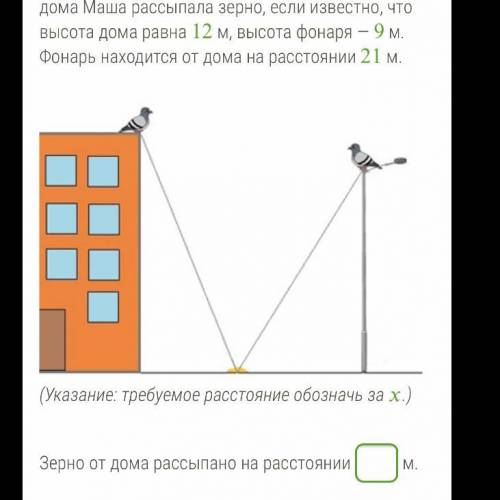 На крыше дома и на фонарном столбе находится по одному голубю. Маша недалеко от дома рассыпала зёрна