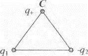 Укажите направление вектора результирующей силы, действующей на заряд q+, помещенный в точку С, если
