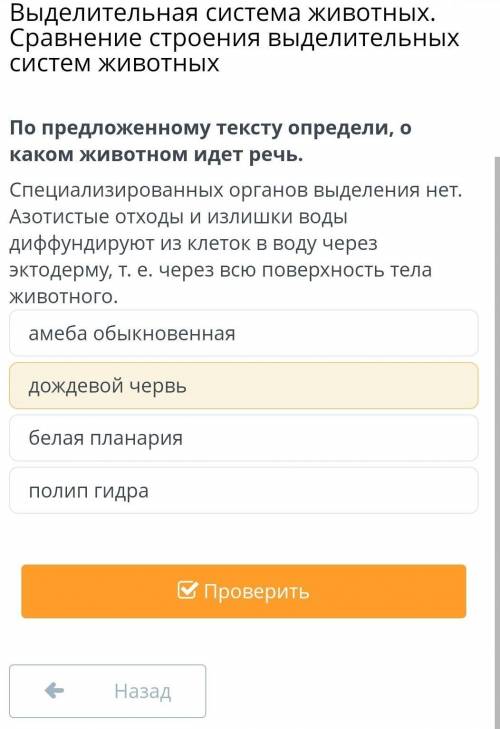 По предложенному тексту определи, о каком животном идет речь. Специализированных органов выделения н