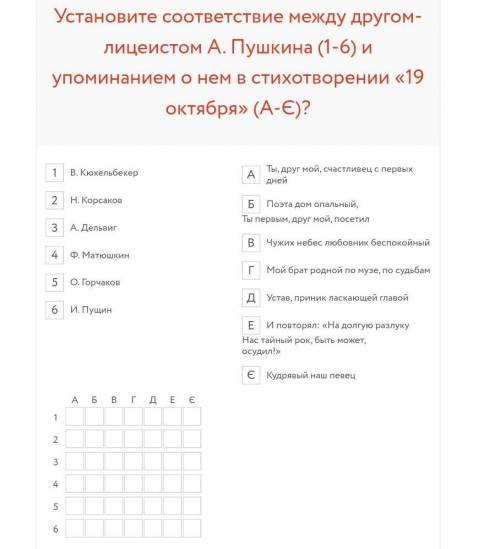 Установите соответствие между другом-лицеистом А. Пушкина (1-6) и упоминанием о нем в стихотворении