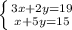 \left \{ {{3x + 2 y = 19} \atop {x + 5y = 15}} \right.