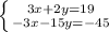 \left \{ {{3x + 2 y = 19} \atop {-3x - 15y = -45}} \right.