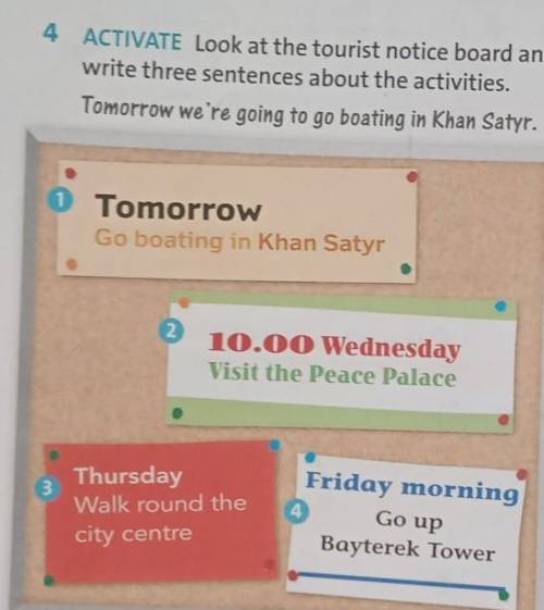 4 ACTIVATE Look at the tourist notice board and write three sentences about the activities.Tomorrow