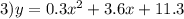 3)y = 0.3 {x}^{2} + 3.6x + 11.3