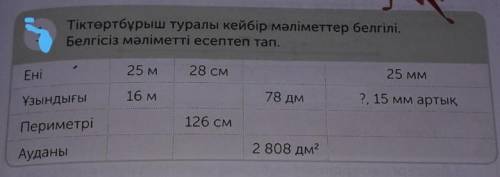 1 Тіктөртбұрыш туралы кейбір мәліметтер белгілі.Белгісіз мәліметті есептеп тап.EHI25 м28 см25 ммҰзын