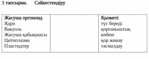 1 тапсырма.      Сәйкестендіру  Жасуша оргоноидЯдроВакуольЖасуша қабықшасыЦитоплазмаПластидтерҚызмет