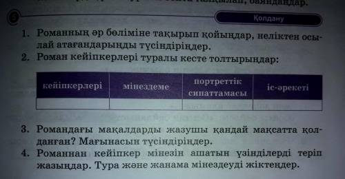 1. Романның әр бөліміне тақырып қойыңдар, неліктен осы- лай атағандарыңды түсіндіріңдер. 2. Роман ке