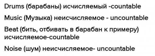 Put the words into the right group: countable or uncountable nouns. MusicDrumsBeatNoiseCountable nou