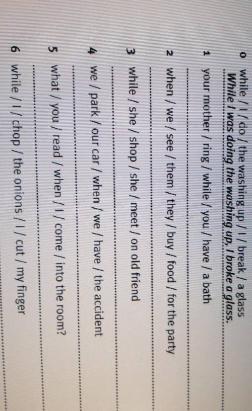 Write sentences. Use the past simple and past continuous. o while /l/ do / the washing up /l/break /