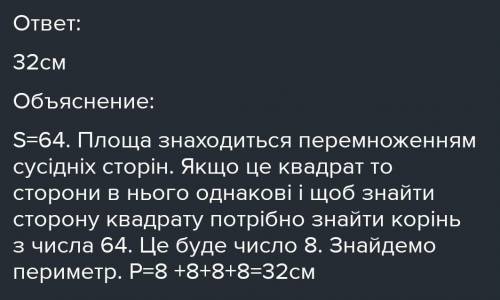 Знайдіть сторону квадрата, якщо його площа дорівнює 64 см²​