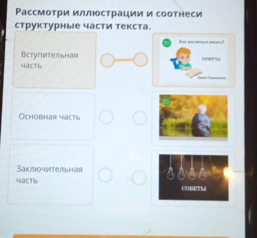 Рассмотри Иллюстрации и соотнеси структурные части текста.Как научиться листь?ВступительнаяЧастьПРИТ