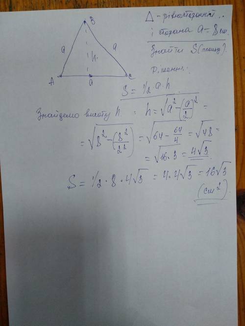 Знайдіть площу трикутника сторона якого дорівнює 8 см