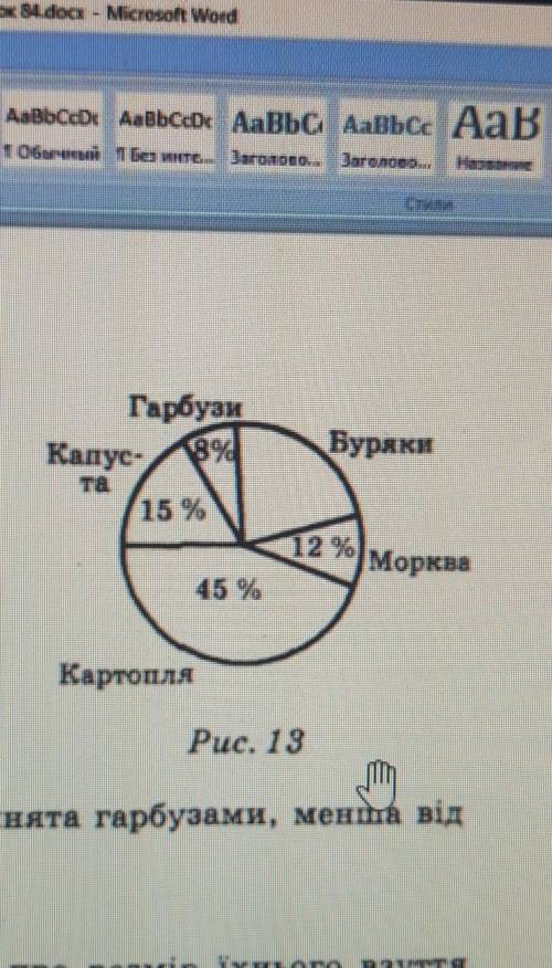 На діаграмі (рис. 13) паве- дено розподіл площі городупід посадку різних овочів.1) Скільки відсотків