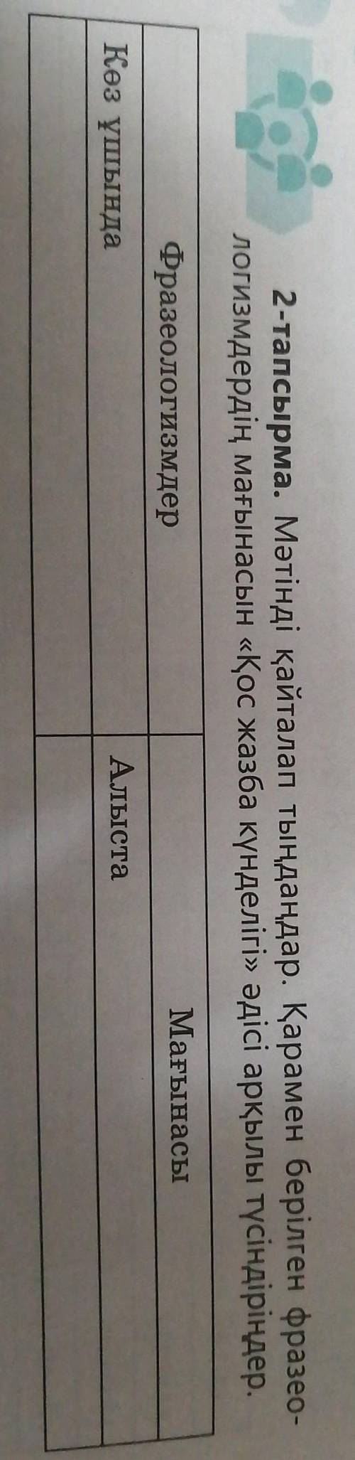 2-тапсырма. Мәтінді қайталап тыңдаңдар. Қарамен берілген фразео- логизмдердің мағынасын «Қос жазба к