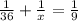 \frac{1}{36} + \frac{1}{x} = \frac{1}{9}