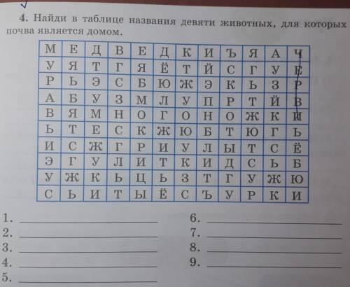 4.Найди в таблице названия девяти животных,для которых почва является домом​