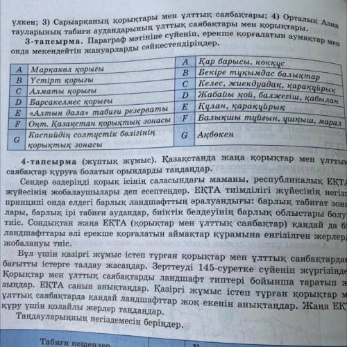 Ма. Параграф мәтініне сүйеніп, ерекше қорғалатын аумақтар мен онда мекендейтін жануарларды сәйкестен