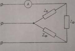 Трифазна система симетрична. Визначити показання амперметра, якщо відомо, що Uл=100 В, Zф=10 Ом.