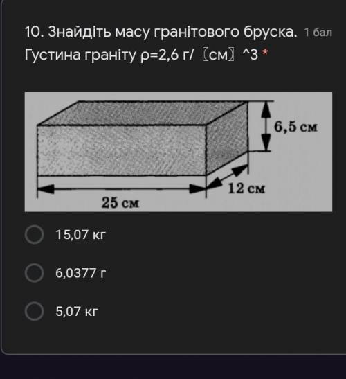 Знайдіть масу гранітового бруска. Густина граніту ρ=2,6 г/〖см〗^3 ​