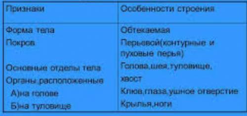 Заполнить таблицу Внешнее строение птиц