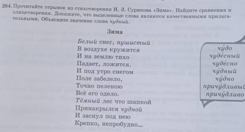 264. Прочитайте отрывок из стихотворения И. 3. Сурикова «Зима». Найдите сравнения и олицетворения. Д