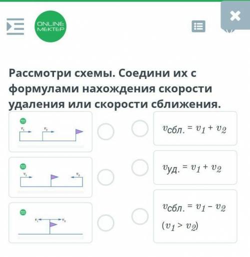 Рассмотри схемы соедини их с формулами нахождения скорости удаления или скорость сближения​