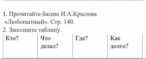 1. Прочитайте басню И.А.Крылова «Любопытный». Стр. 140.2. Заполните таблицу.Кто? Что делал? Где? Как