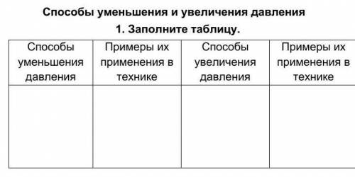 1.   Заполните таблицу уменьшения давленияПримеры их применения в технике увеличения давленияПримеры