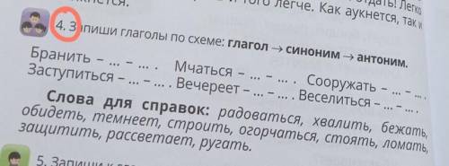 4. Запиши глаголы по схеме: глагол - синоним антоним. осо еБранить -Mчаться - ... - ... . СооружатьЗ