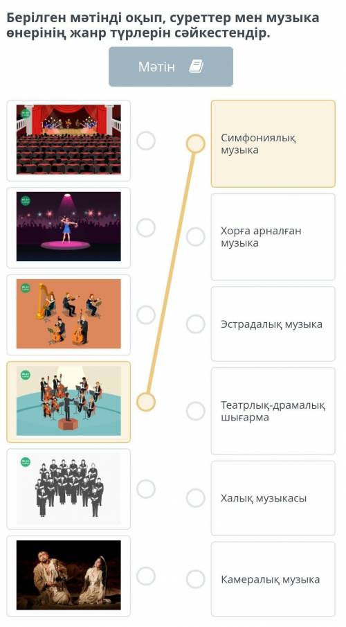 Берілген мәтінді оқып, суреттер мен музыка өнерінің жанр түрлерін сәйкестендір ​