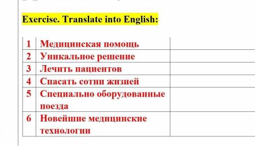 Exercise. Translate into English: 1 Медицинская 2 Уникальное решение 3 Лечить пациентов сотни жизне