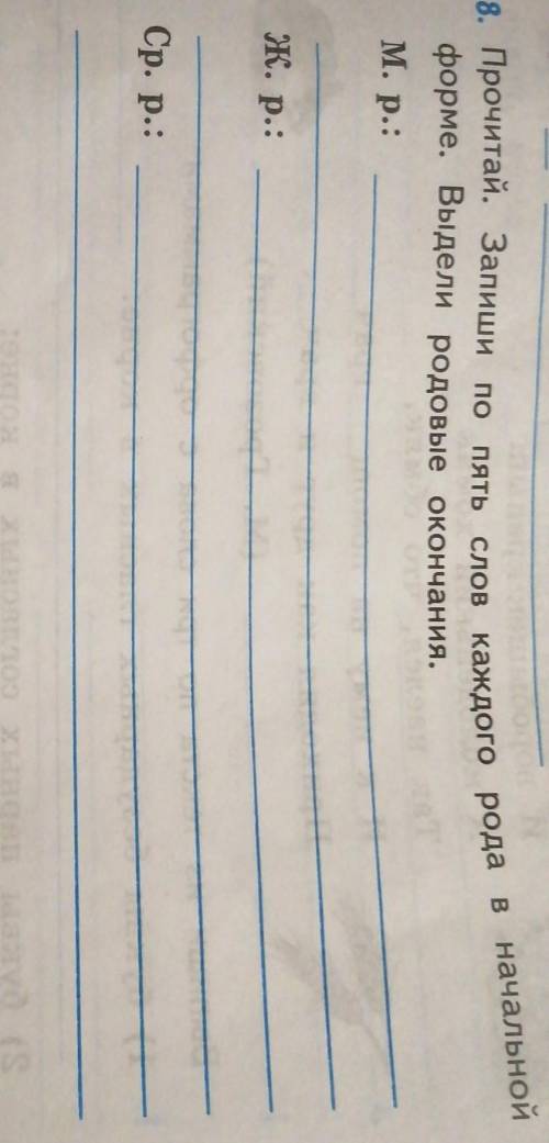 1. Прочитай. Запиши по пять слов каждого рода в начальной форме. Выдели родовые окончания.М. р.:ж. р