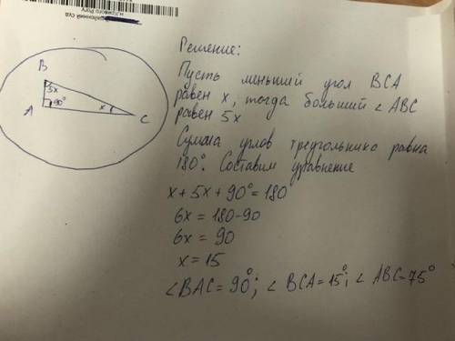 Один из углов прямоугольного треугольника в 5 раз больше другого Найдите эти углы. ​