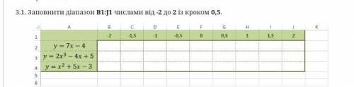 Заповнити діапазон B1:J1 числами від -2 до 2 із кроком очень на листочку написать♥️♥️​