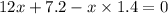 12x + 7.2 - x \times 1.4 = 0