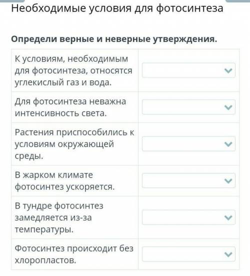 Необходимые условия для фотосинтеза Определи верные и неверные утверждения.К условиям, необходимым д