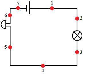 Рассмотри схему электрической цепи! Укажи, в каком направлении течёт ток в точке 7. Направо. Вниз. Н