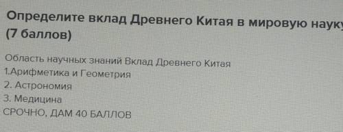 Определи вклад древнего Китая в мировую науку область научных знаний древнего Китая; арифметика и ге