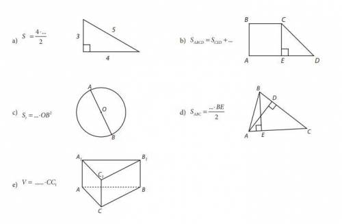 Дополните выражения для расчета площади заданных форм или объемов геометрических тел!