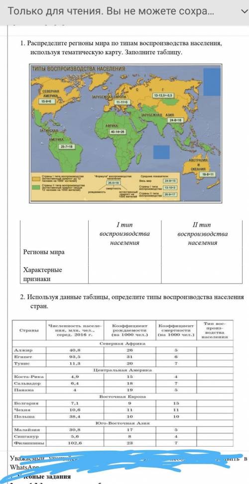 Распределите регионы мира по типам воспроизводства населения Используя тематическую карту .Заполните