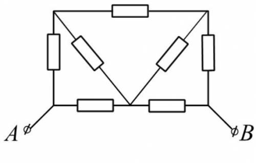 Найдите сопротивление цепи между клеммами А и В (см. рис.). Сопротивление всех резисторов одинаково