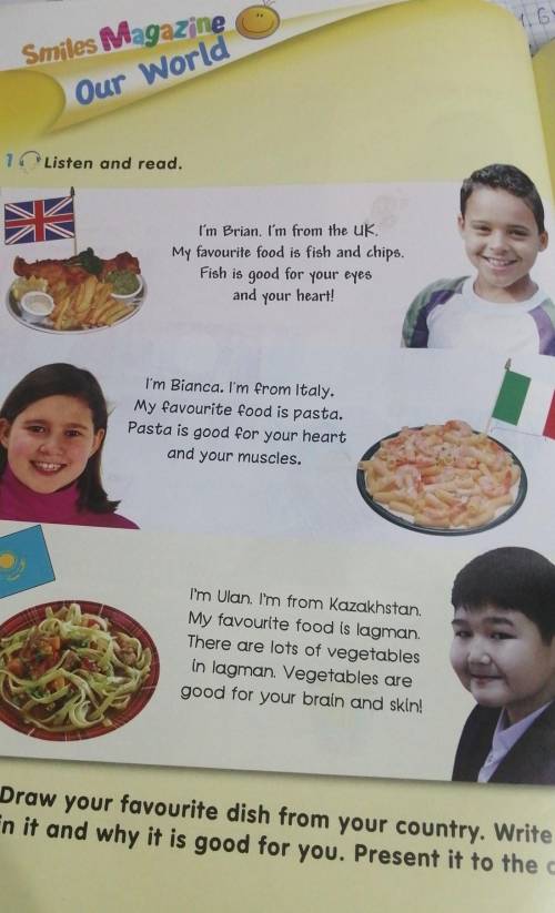 Our W 10 Listen and read.I'm Brian. I'm from the UK.My favourite food is fish and chips.Fish is good