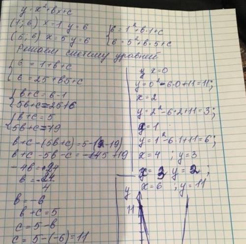 График функции y = ax2 + bx + c проходит через точки (2; 5) и (–2; –7). Запиши уравнение функций y =