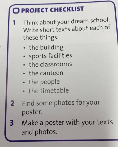 O PROJECT CHECKLIST 1Think about your dream school.Write short texts about each ofthese things:the b