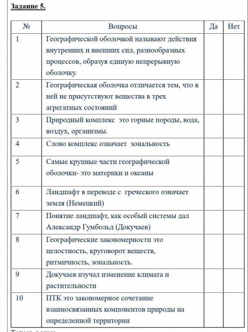 Задание 5.  №ВопросыДаНет1Географической оболочкой называют действия внутренних и внешних сил, разно